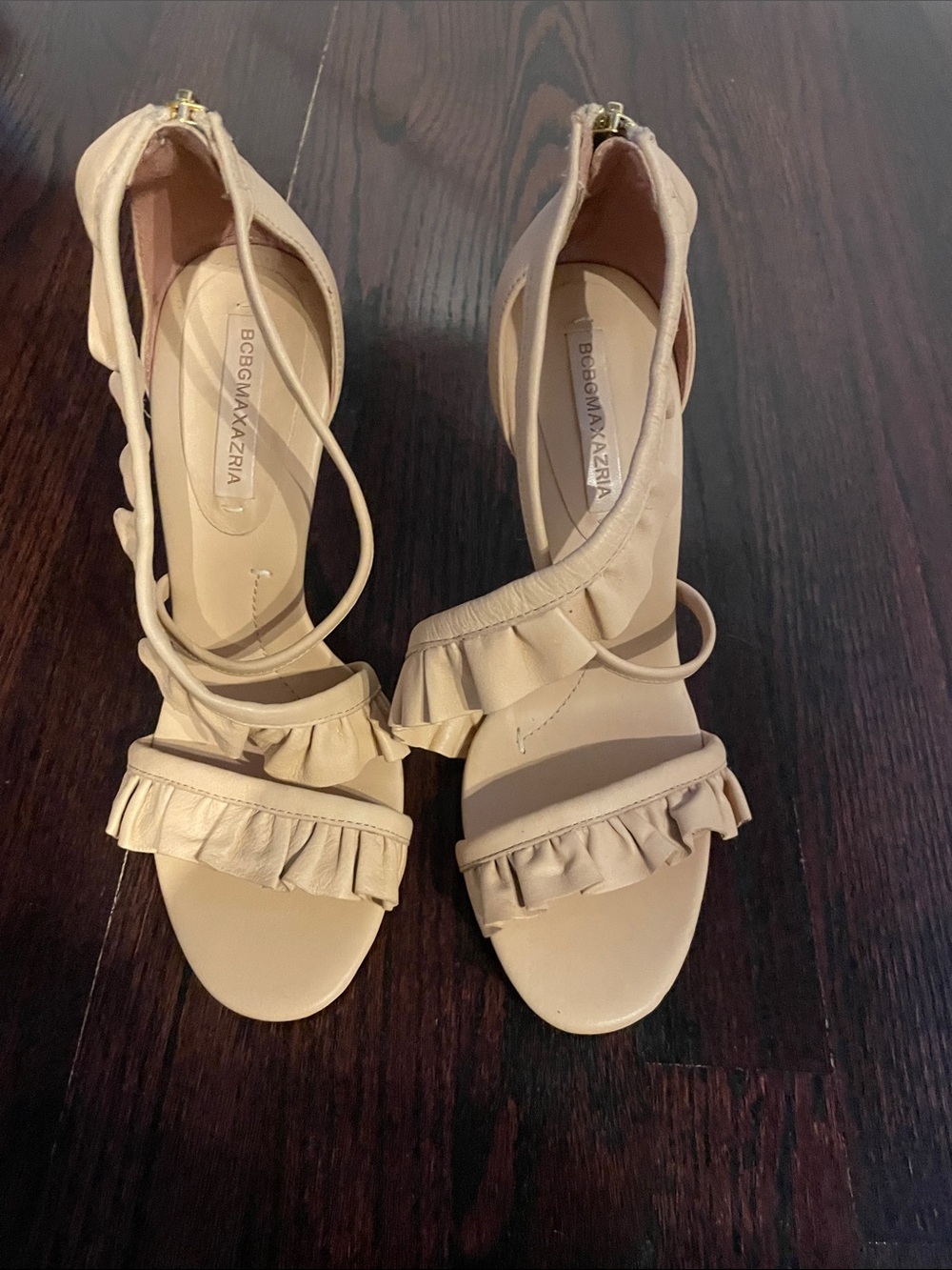 BCBGMaxAzria Nude Ruffle Leather Strap Heeled Sandals